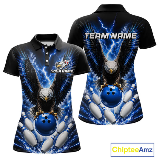 Blue thunder lightning eagle bowling polo shirt for women with custom bowling team graphics.