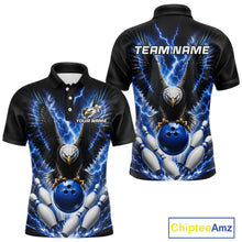 Load image into Gallery viewer, Blue thunder lightning eagle bowling polo shirt for men with custom bowling team graphics.