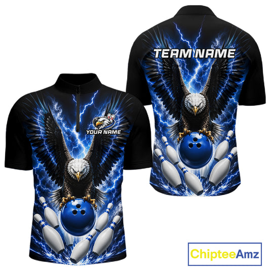 Blue thunder lightning eagle bowling quarter zip shirt for men designed for league tournaments and team events.