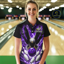 Load image into Gallery viewer, Woman wearing a purple thunder lightning eagle bowling polo shirt at a bowling alley front view.