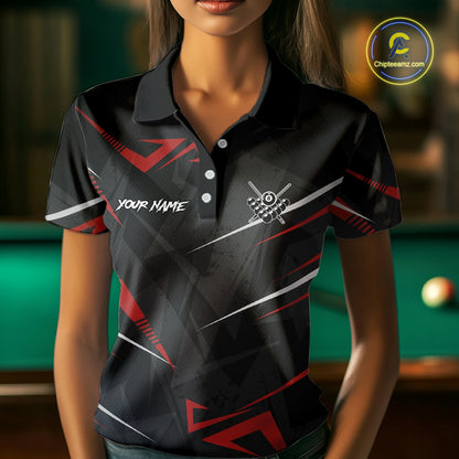 Black And Red 8 Ball Crown Billiard Shirt For Women Custom Pool Team Jersey Polo & 1/4 Zip TDM5921