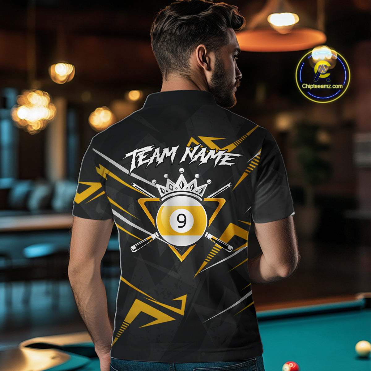 Yellow Black 9 Ball Crown Billiard Shirt For Men Custom Pool Team Jersey Polo & 1/4 Zip TDM5923