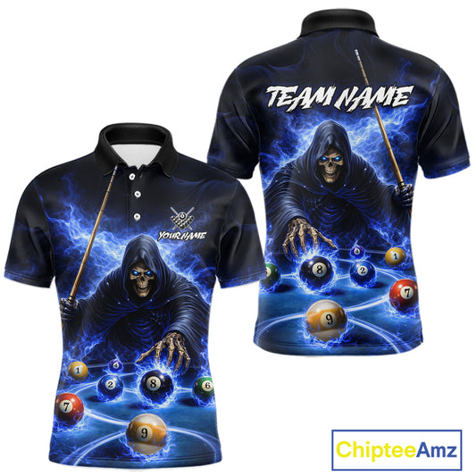 Blue Flaming Grim Reaper Billiard Shirt For Men Custom Pool Team Jersey Polo & Quarter Zip Shirt TDM5738