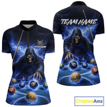 Load image into Gallery viewer, Blue Flaming Grim Reaper Billiard Shirt For Women Custom Pool Team Jersey Polo &amp; Quarter Zip Shirt TDM5738