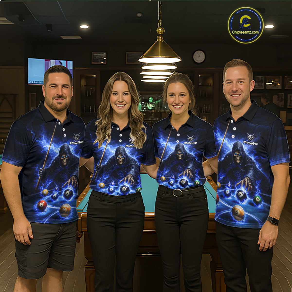 Blue Flaming Grim Reaper Billiard Shirt For Women Custom Pool Team Jersey Polo & Quarter Zip Shirt TDM5738