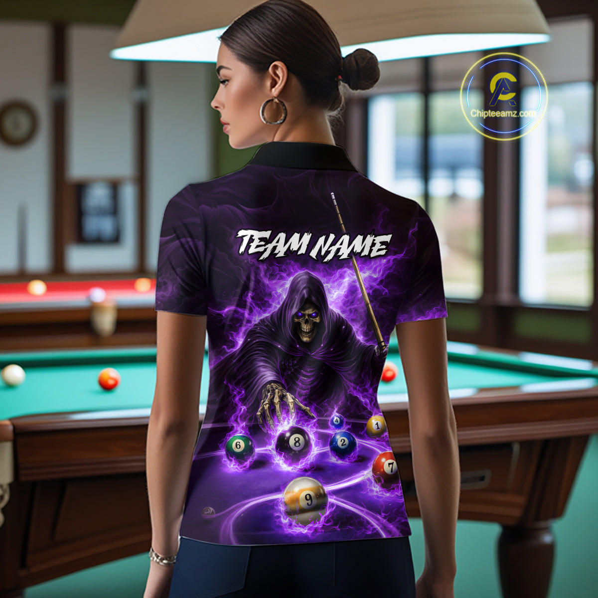 Purple Flaming Grim Reaper Billiard Shirt For Women Custom Pool Team Jersey Polo & Quarter Zip Shirt TDM5739