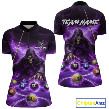 Purple Flaming Grim Reaper Billiard Shirt For Women Custom Pool Team Jersey Polo & Quarter Zip Shirt TDM5739