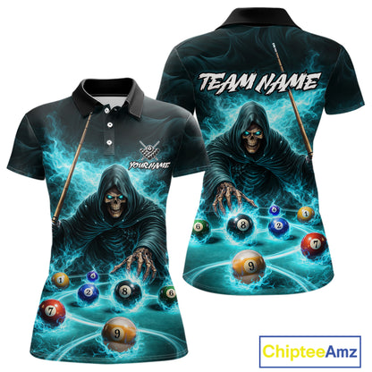 Turquoise Flaming Grim Reaper Billiard Shirt For Women Custom Pool Team Jersey Polo & Quarter Zip TDM5740