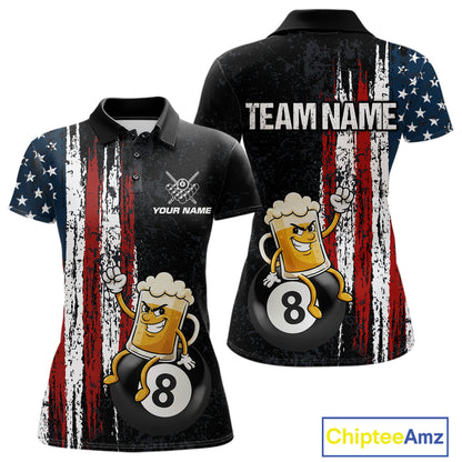 Funny Beer American Flag 8 Ball Billiard Shirt For Women Custom Pool Team Jersey Polo & 1/4 Zip TDM5947
