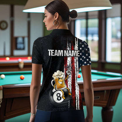 Funny Beer American Flag 8 Ball Billiard Shirt For Women Custom Pool Team Jersey Polo & 1/4 Zip TDM5947