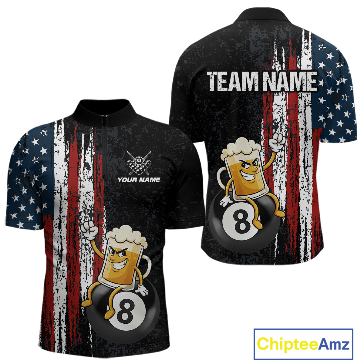 Funny Beer American Flag 8 Ball Billiard Shirt For Men Custom Pool Team Jersey Polo & 1/4 Zip TDM5947