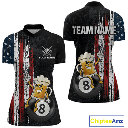 Funny Beer American Flag 8 Ball Billiard Shirt For Women Custom Pool Team Jersey Polo & 1/4 Zip TDM5947
