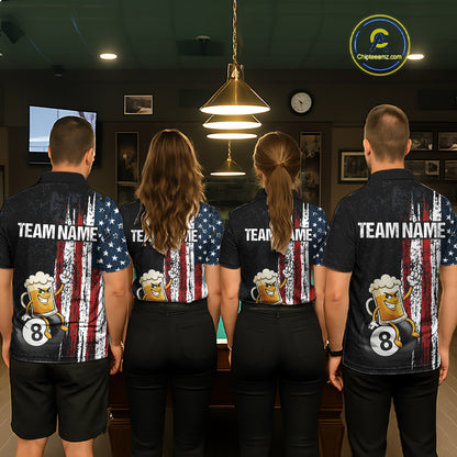 Funny Beer American Flag 8 Ball Billiard Shirt For Men Custom Pool Team Jersey Polo & 1/4 Zip TDM5947