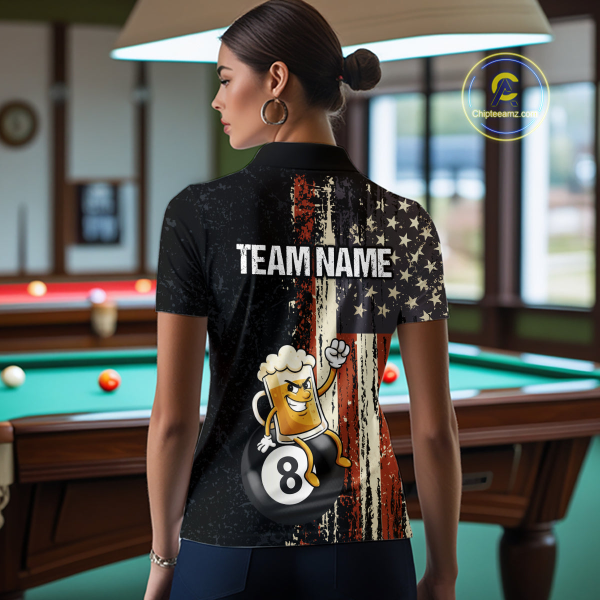 Vintage US Flag Funny Beer 8 Ball Billiard Shirt For Women Custom Pool Team Jersey Polo & 1/4 Zip TDM5948
