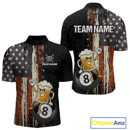 Vintage US Flag Funny Beer 8 Ball Billiard Shirt For Men Custom Pool Team Jersey Polo & 1/4 Zip TDM5948