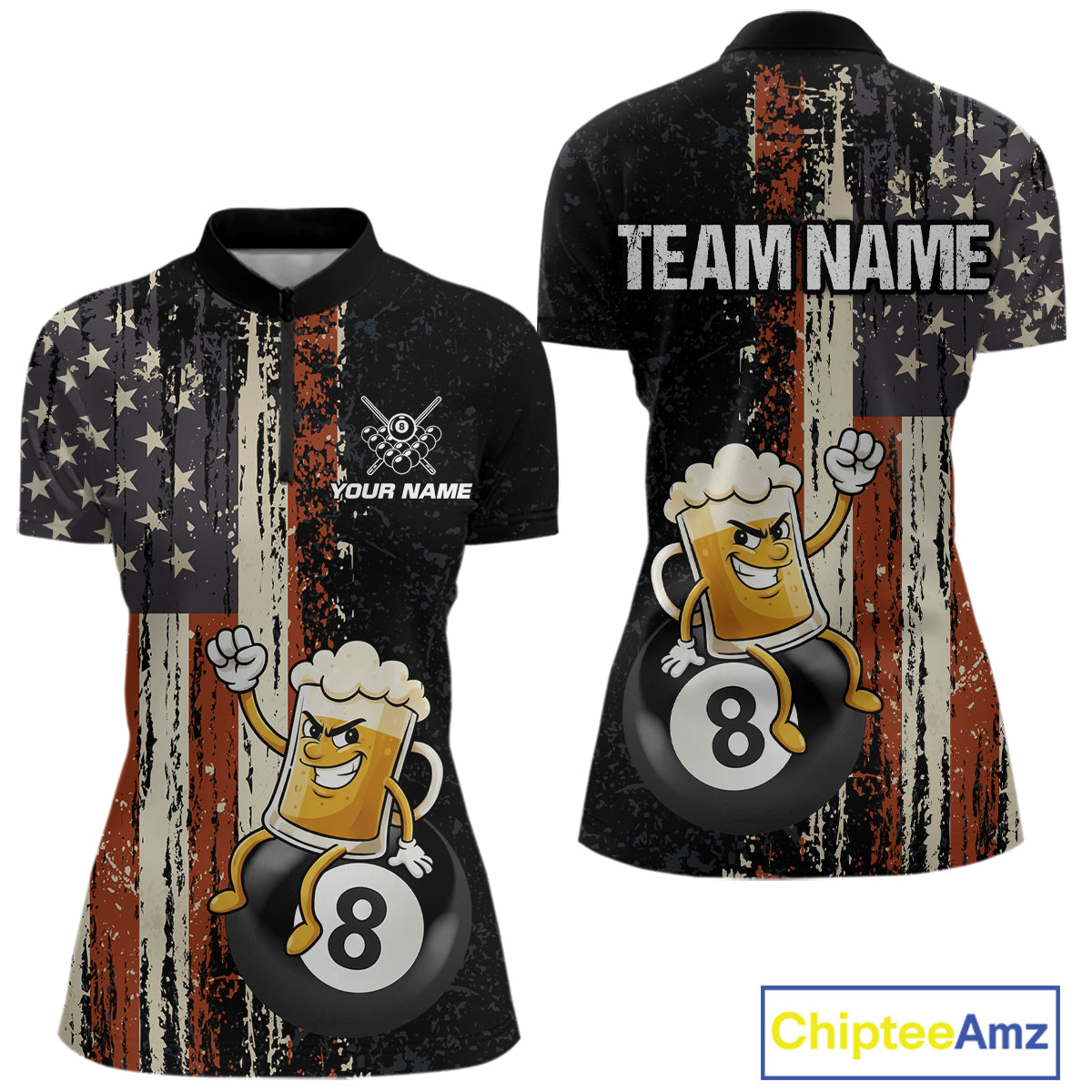 Vintage US Flag Funny Beer 8 Ball Billiard Shirt For Women Custom Pool Team Jersey Polo & 1/4 Zip TDM5948