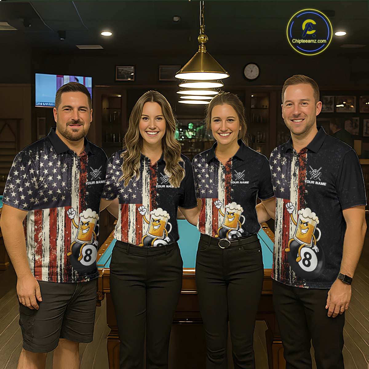 Vintage US Flag Funny Beer 8 Ball Billiard Shirt For Men Custom Pool Team Jersey Polo & 1/4 Zip TDM5948
