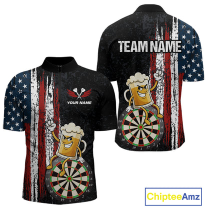 Funny Beer American Flag Darts Shirt For Men Custom Patriotic Darts Jersey Team Polo & 1/4 Zip TDM5949