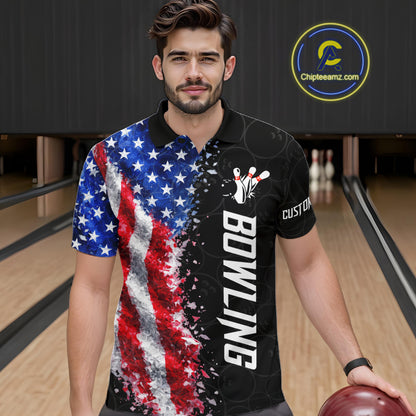 Man wearing an American flag bowling polo shirt at a bowling alley front view.