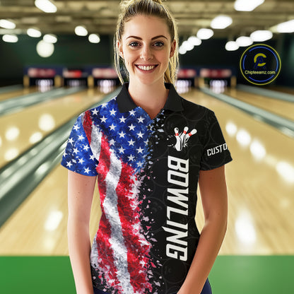 Woman wearing an American flag bowling polo shirt at a bowling alley front view.