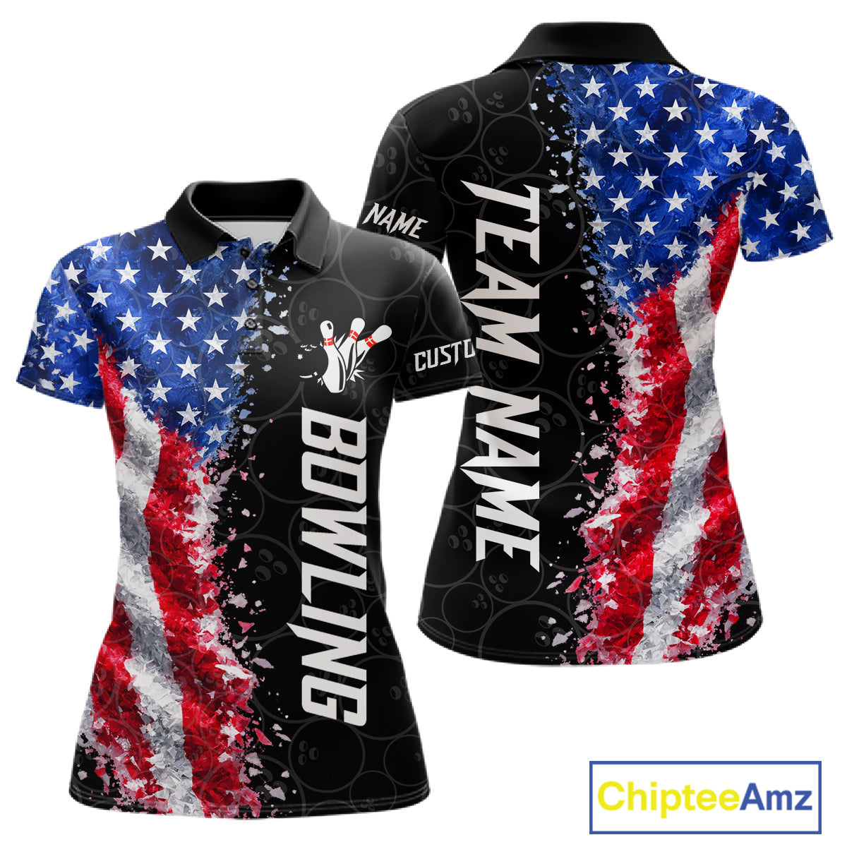 American flag bowling polo shirt for women with patriotic bowling team graphics.