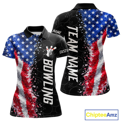 American flag bowling polo shirt for women with patriotic bowling team graphics.