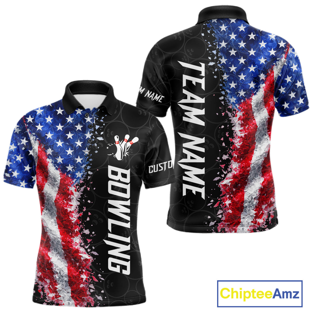 American flag bowling polo shirt for men with patriotic bowling team graphics.