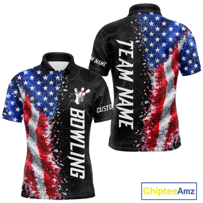 American flag bowling polo shirt for men with patriotic bowling team graphics.