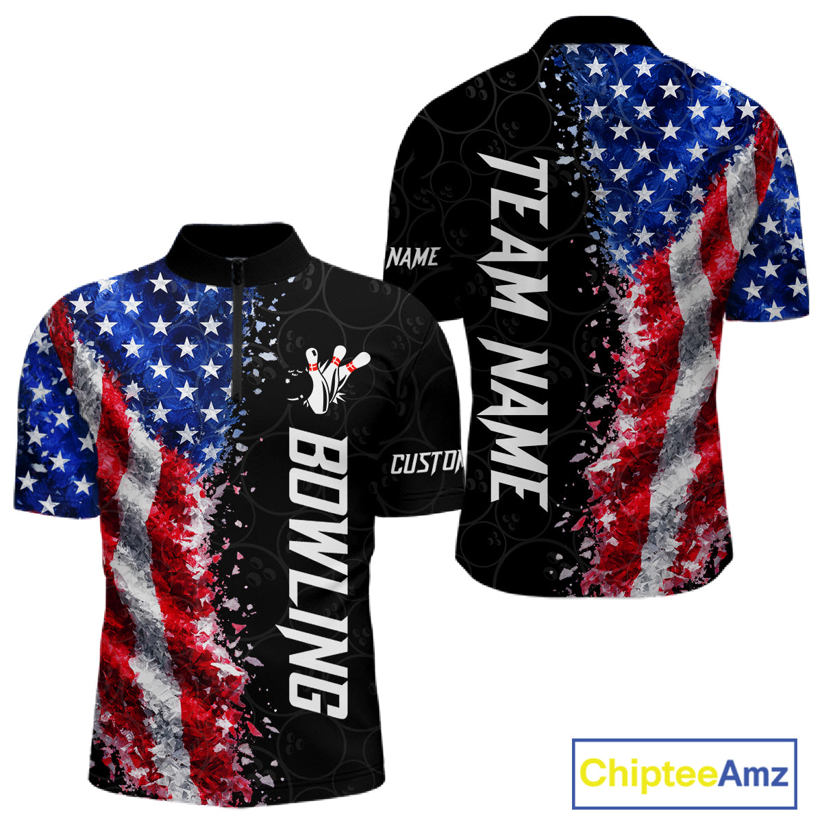 American flag bowling quarter zip shirt for men designed for league tournaments and team events.