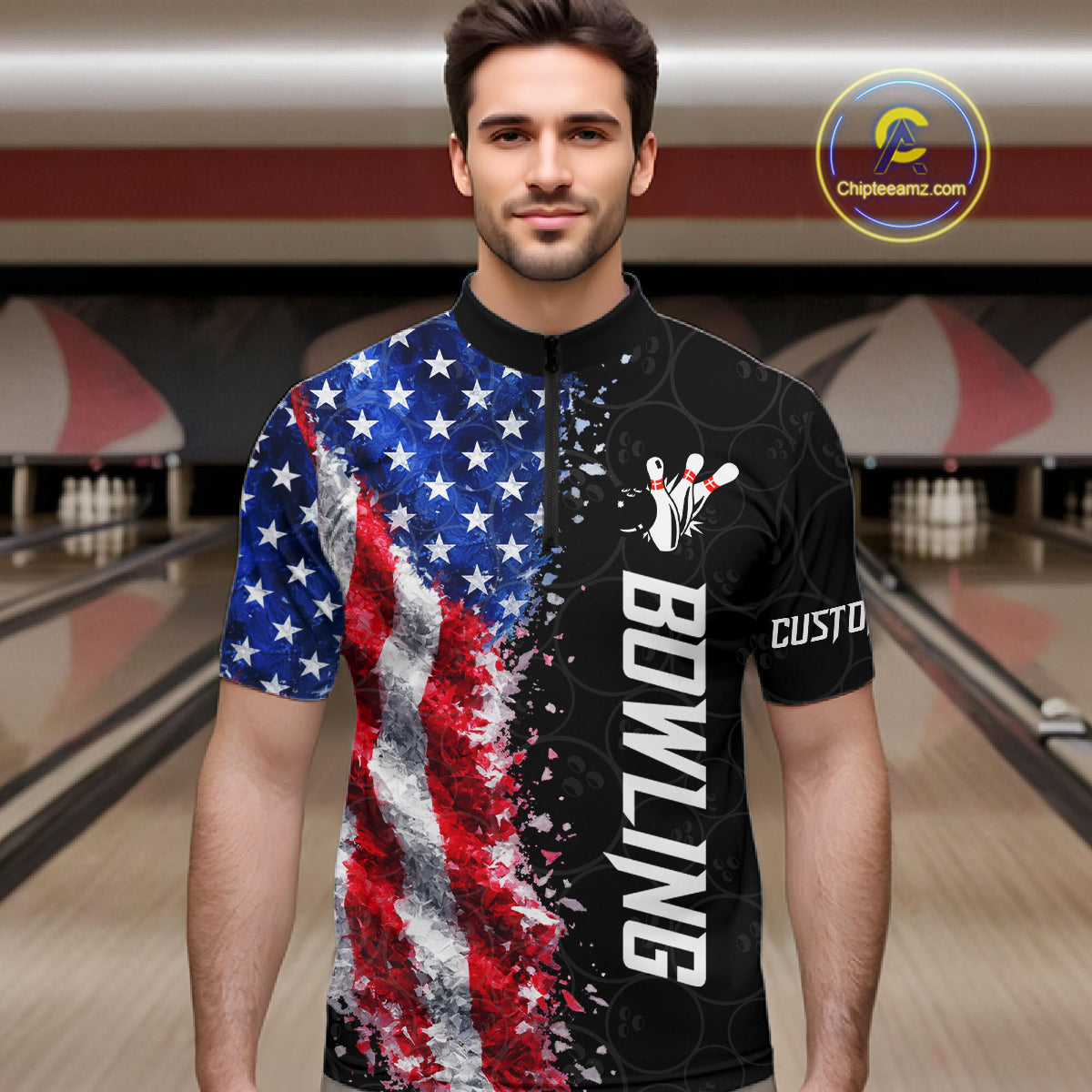 Man wearing an American flag bowling quarter zip jersey during league competition front view.