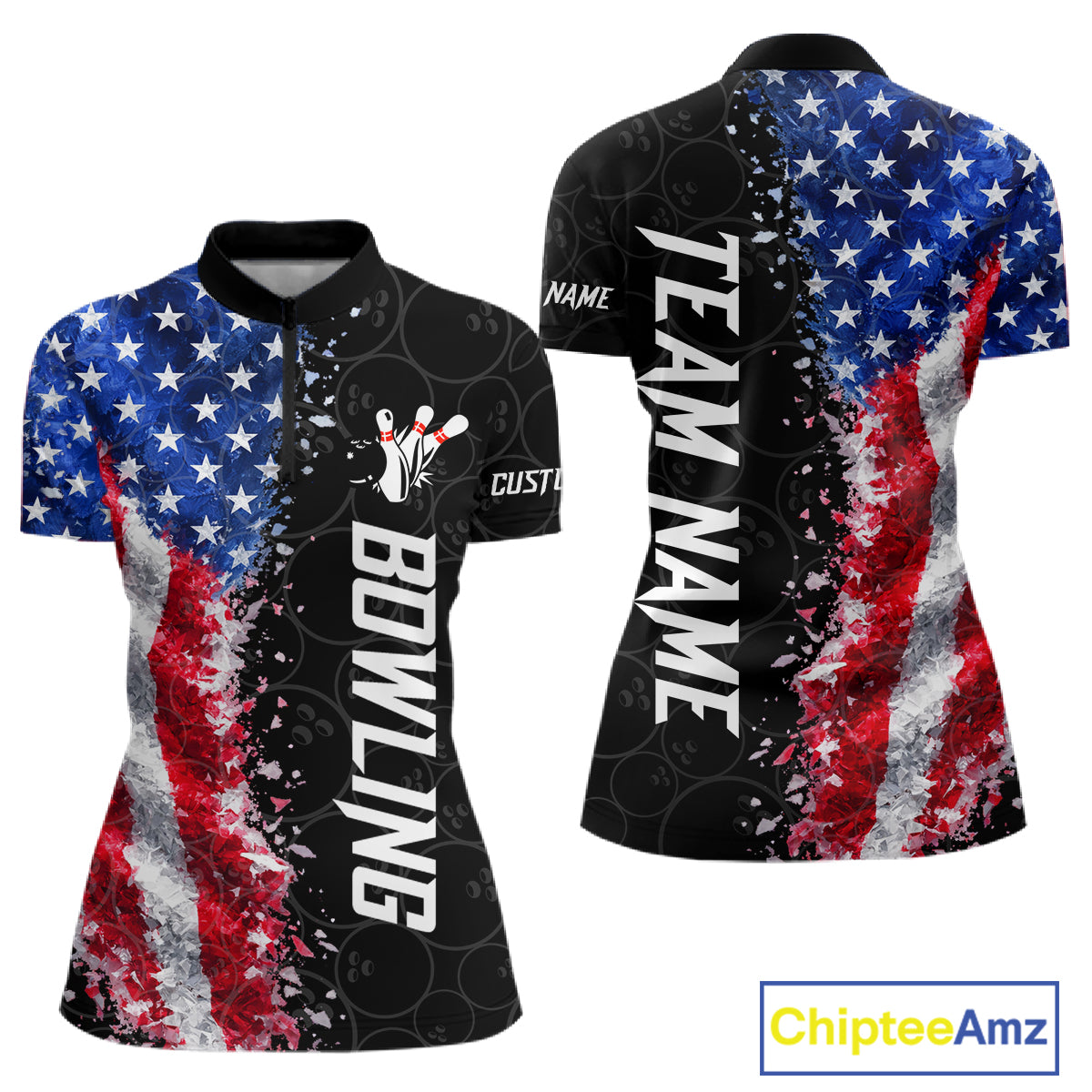 American flag bowling quarter zip shirt for women designed for league tournaments and team events.