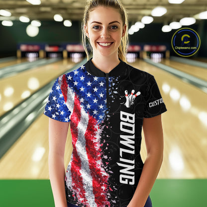 Woman wearing an American flag bowling quarter zip jersey during league competition front view.