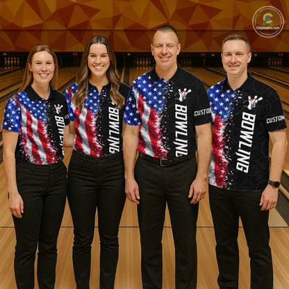 Bowling team wearing matching American flag bowling jerseys during league matches front view.