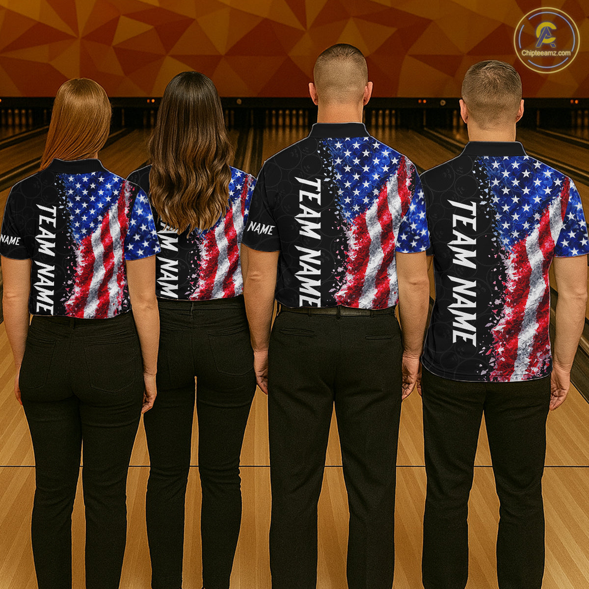 Back view of bowling team wearing matching patriotic bowling shirts in a bowling alley.