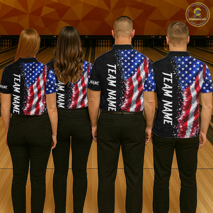Back view of bowling team wearing matching patriotic bowling shirts in a bowling alley.