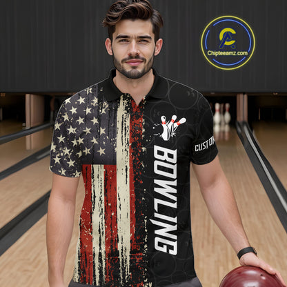 Man wearing a vintage American flag bowling polo shirt at a bowling alley front view.