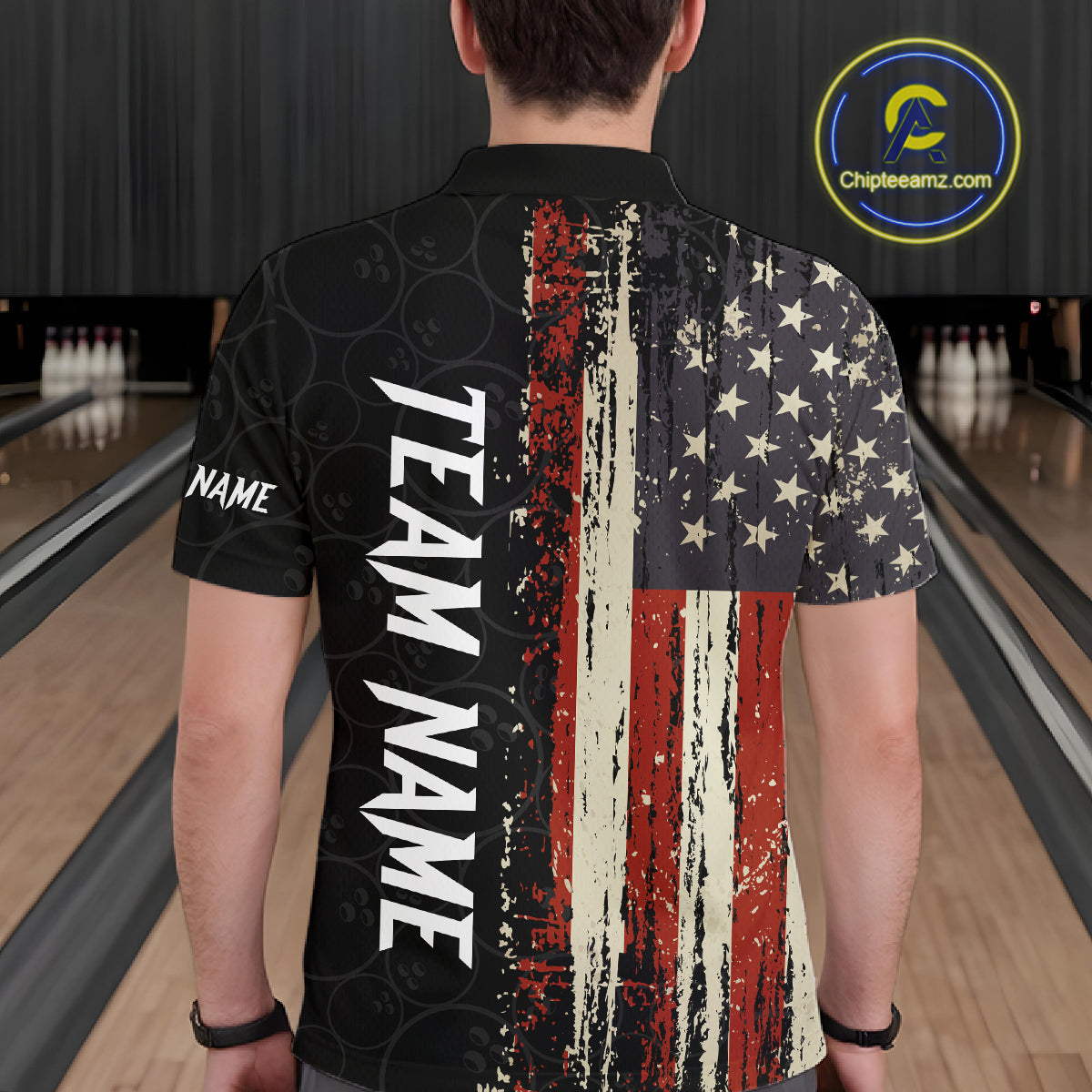 Back view of man wearing a vintage American flag bowling polo shirt inside a bowling alley.