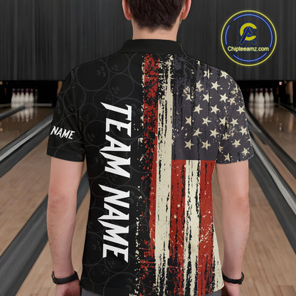 Back view of man wearing a vintage American flag bowling polo shirt inside a bowling alley.