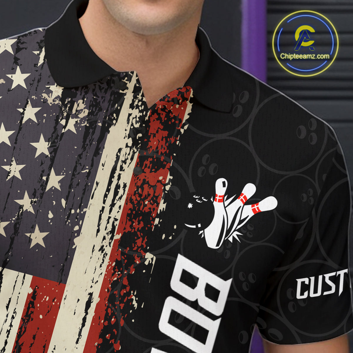 Close-up of a vintage American flag bowling polo shirt collar, buttons, and patriotic artwork details.