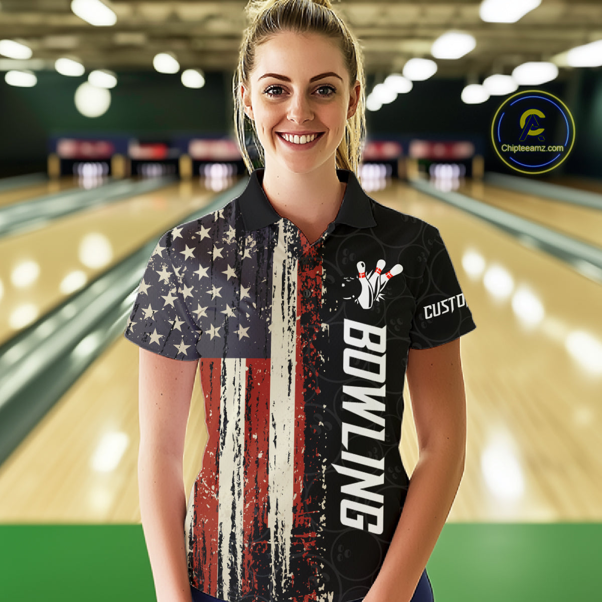 Woman wearing a vintage American flag bowling quarter zip jersey during league competition front view.