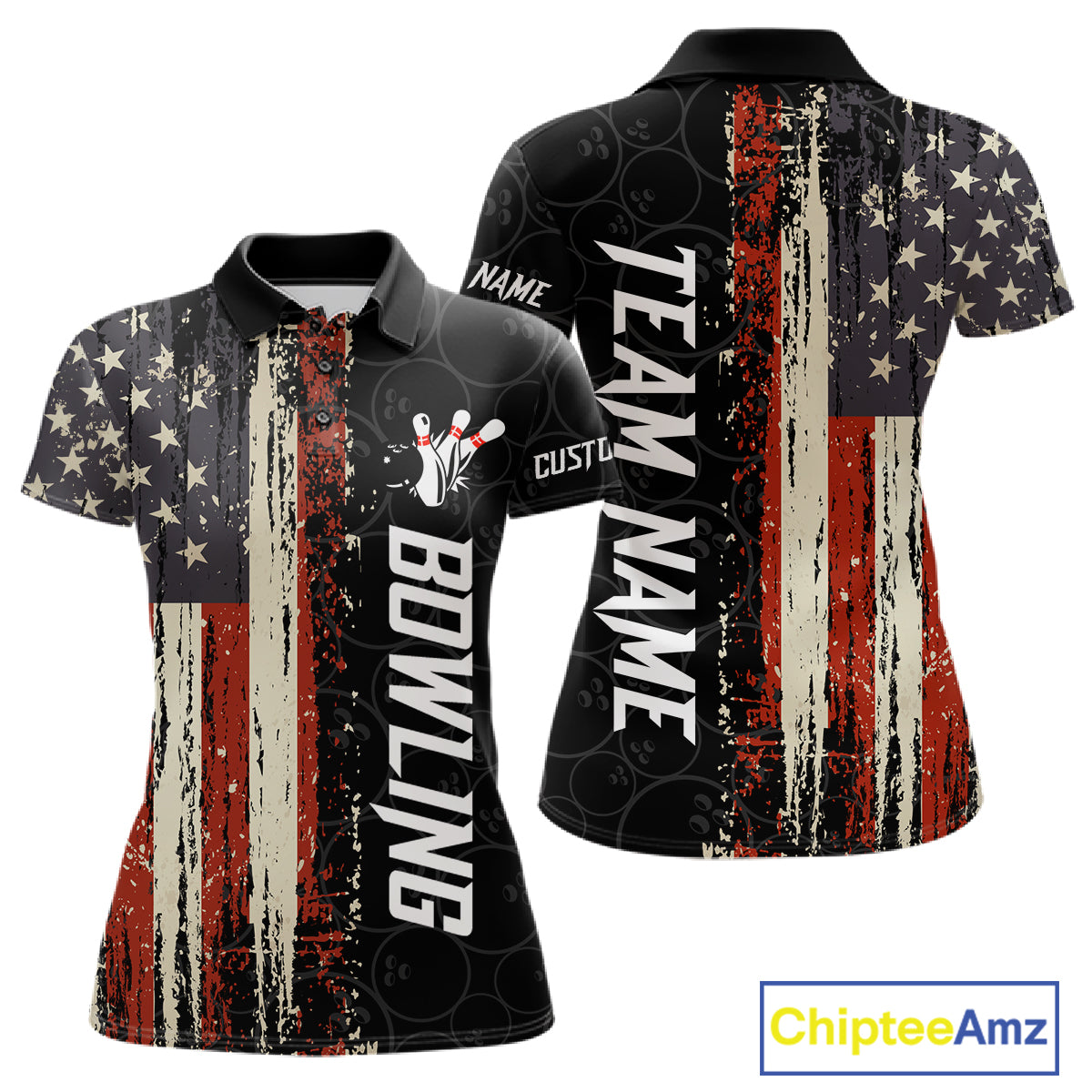 Vintage American flag bowling polo shirt for women with patriotic bowling team graphics.