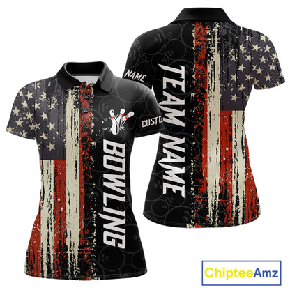 Vintage American flag bowling polo shirt for women with patriotic bowling team graphics.