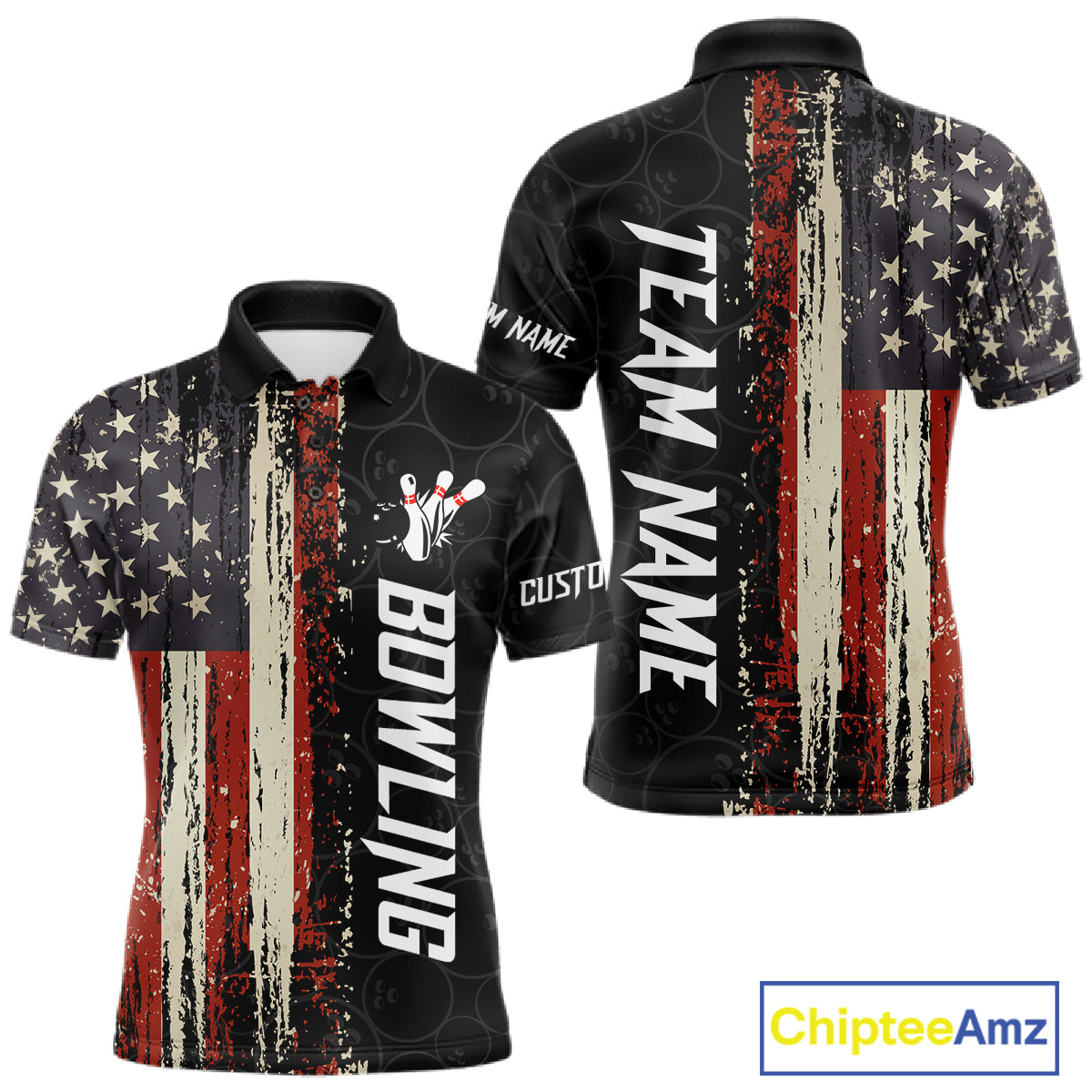 Vintage American flag bowling polo shirt for men with patriotic bowling team graphics.