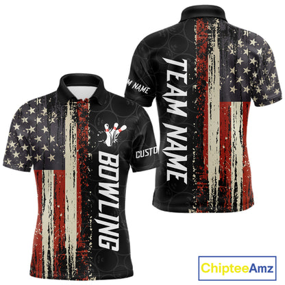 Vintage American flag bowling polo shirt for men with patriotic bowling team graphics.