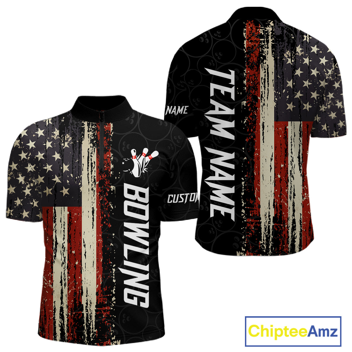Vintage American flag bowling quarter zip shirt for men designed for league tournaments and team events.