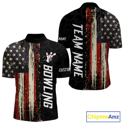 Vintage American flag bowling quarter zip shirt for men designed for league tournaments and team events.
