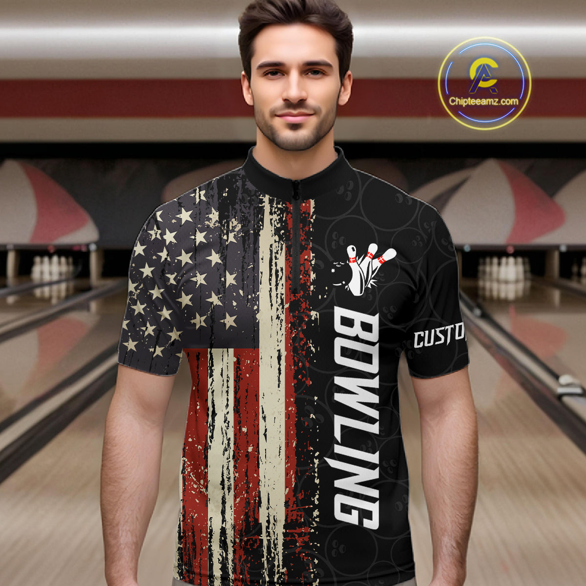 Man wearing a vintage American flag bowling quarter zip jersey during league competition front view.