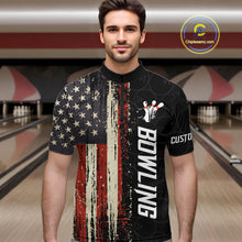 Load image into Gallery viewer, Man wearing a vintage American flag bowling quarter zip jersey during league competition front view.