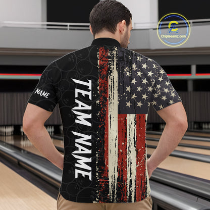 Back view of man wearing a vintage American flag bowling quarter zip shirt in a bowling alley.