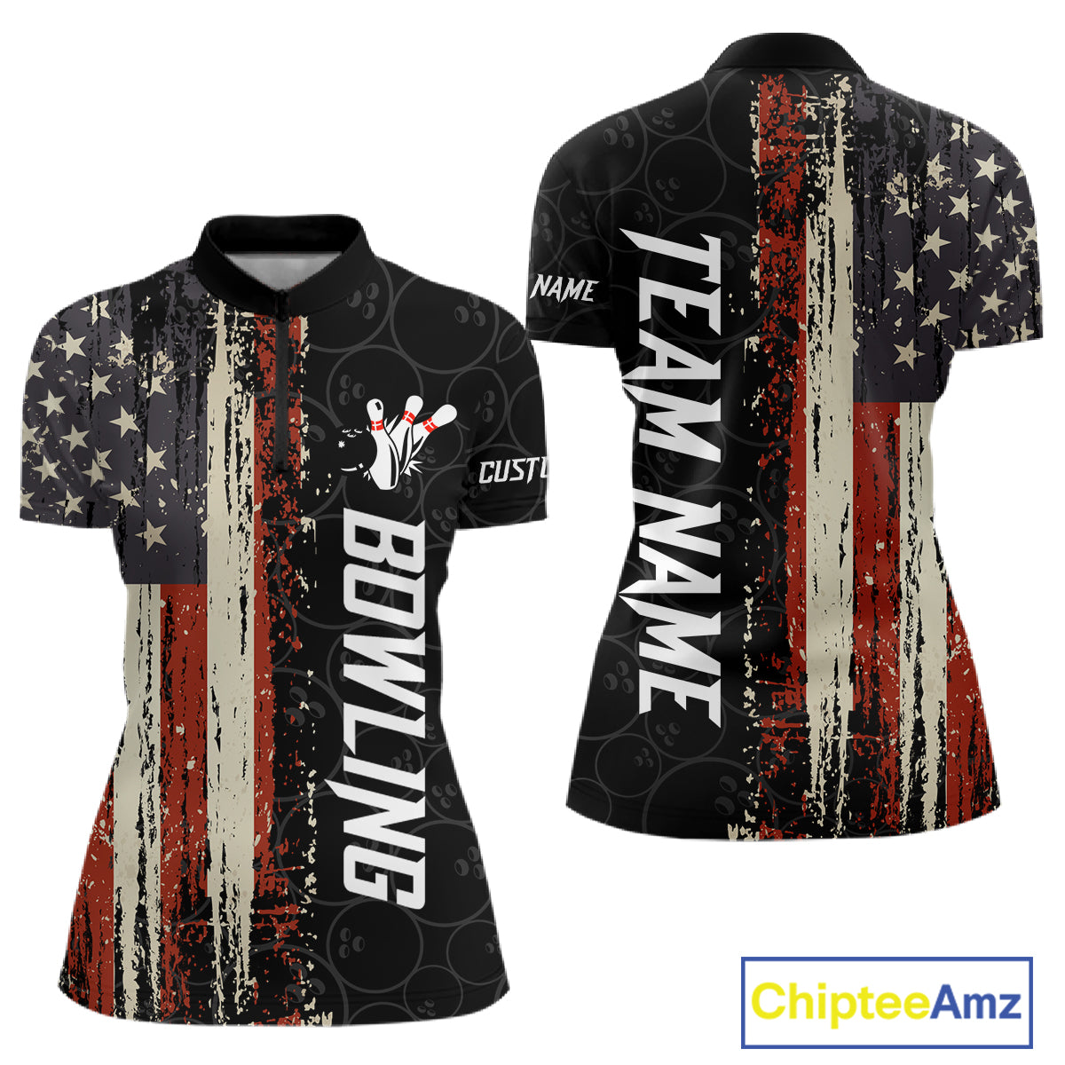 Vintage American flag bowling quarter zip shirt for women designed for league tournaments and team events.